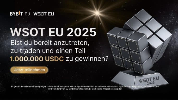 Eine silberne Trophäe in Form eines Zauberwürfels mit WSOT EU 2025 Text, Bybit Krypto-Trading-Competition Promo, USDC Preisgeld Info und einem goldenen Jetzt teilnehmen Button.