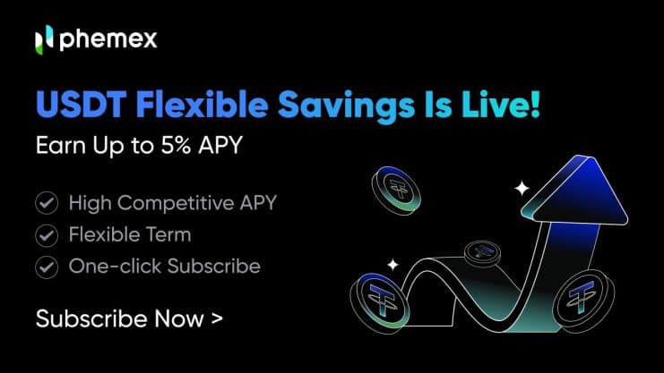 Phemex Earn führt flexible USDT-Ersparnisse ein und bietet bis zu 5 % effektiven Jahreszins mit wettbewerbsfähigen Zinssätzen, flexiblen Konditionen und Ein-Klick-Abonnement. Die Grafiken zeigen illustrierte Münzen und einen Aufwärtspfeil.