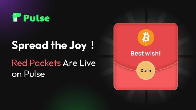 Werbegrafik für Pulse, die die Live-Schaltung von Red Packets ankündigt. Sie zeigt ein leuchtend rotes Paketsymbol mit einem Bitcoin-Symbol und einer auffälligen Schaltfläche „Anfordern“.