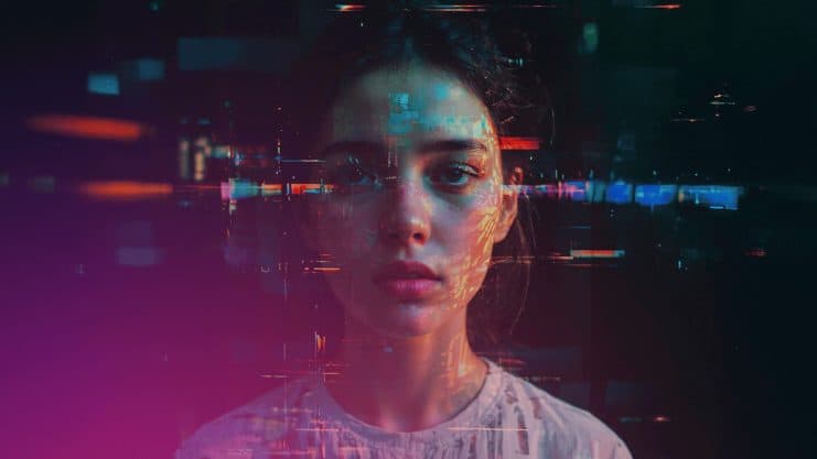 Eine junge Frau mit neutralem Gesichtsausdruck steht vor einem dunklen Hintergrund, überlagert von digitalen Glitch-Effekten und bunten, verzerrten Polkadot-Linien.