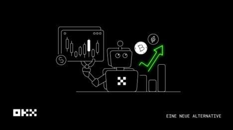 Ein Roboter präsentiert ein Diagramm mit steigenden Finanzdaten, Kryptowährungssymbolen und Balkendiagrammen auf einem schwarzen Hintergrund. Der Text hebt OKX und EINE NEUE ALTERNATIVE als eine neue Option in der Kryptowelt hervor.