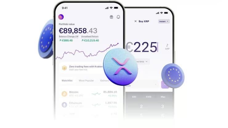 Zwei Smartphones zeigen ein Kryptowährungsportfolio und einen Transaktionsbildschirm mit Euro-Salden, dem XRP-Logo und einem digitalen Euro-Symbol.
